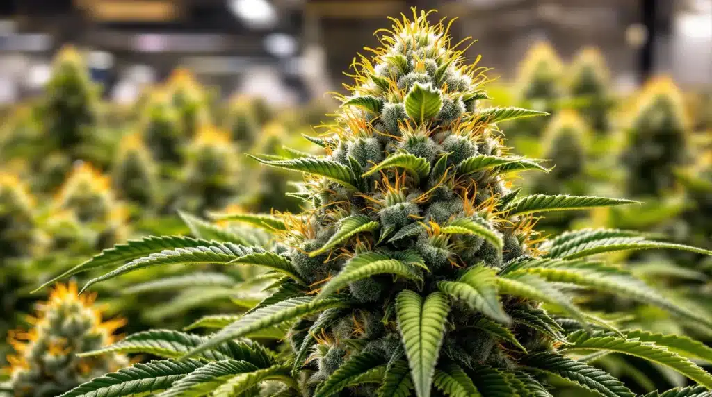 Close-up of a fully matured cannabis flower, covered in glistening trichomes and orange pistils, with blurred plants in the background.