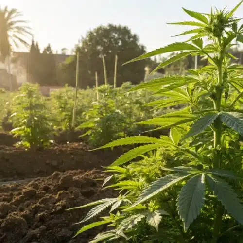 A sunny outdoor garden where Kabrales strain plants thrive in well-drained soil under natural light.
