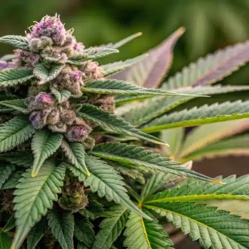 Fully bloomed Alien Cookies x Kush Mints cannabis plant showcasing dense, resinous buds with vibrant green and purple colors.