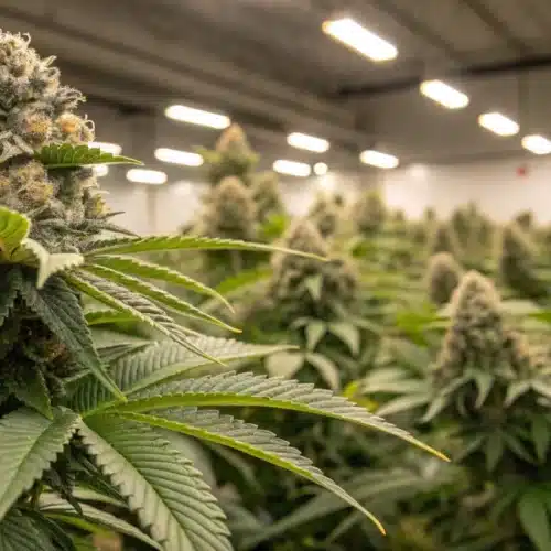 Close-up of Blackberry Moonrocks Autoflower cannabis buds in a professional indoor grow room