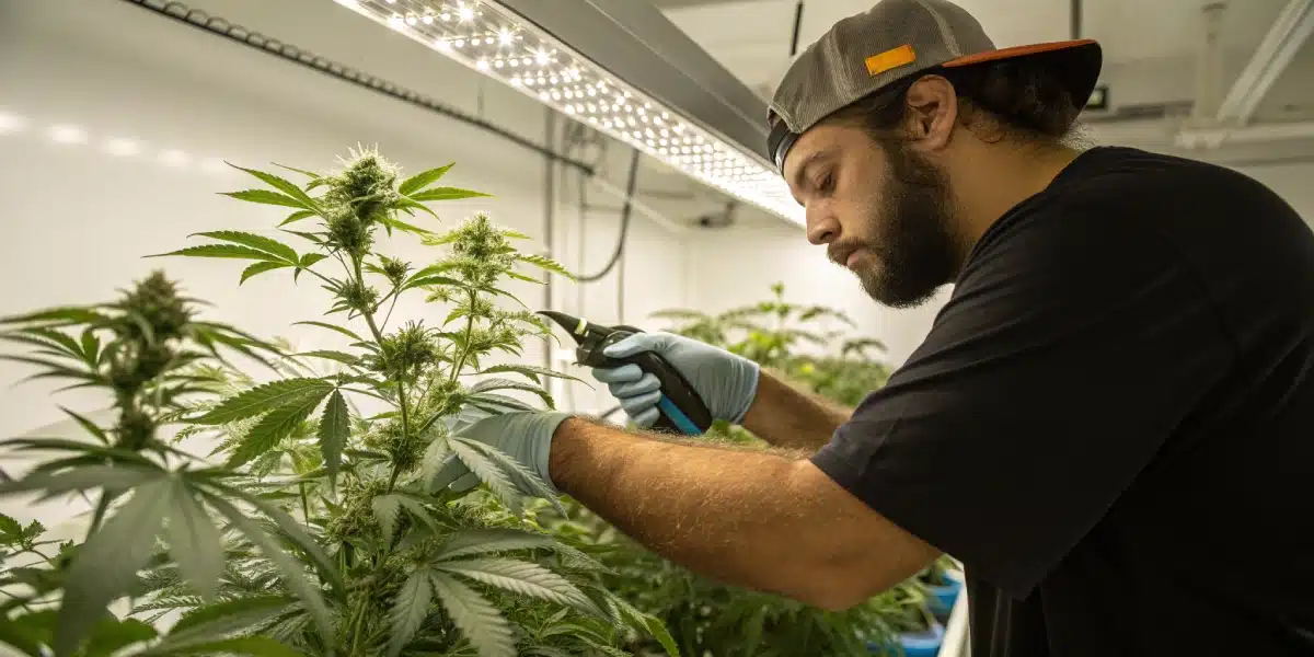 Grower trimming a GG4 Autoflower plant in an indoor setup, emphasizing careful plant care.
