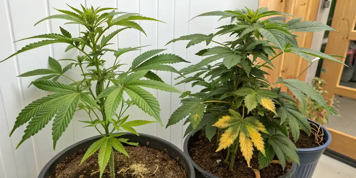 Comparative image of healthy GG4 Autoflower plants and plants with early pest or nutrient issues.