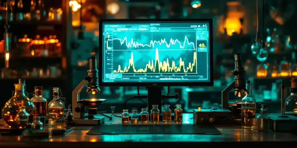 Scientific laboratory with data charts analyzing the effectiveness of cannabis in managing PTSD symptoms.