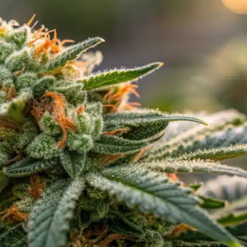 Detailed close-up of an O.G. Kush Autoflower bud showcasing vibrant trichomes and rich resin.