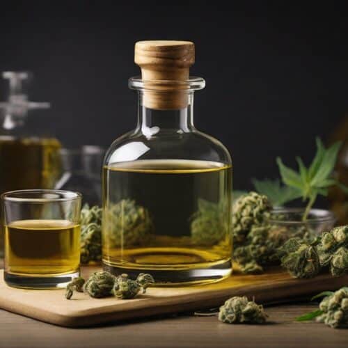 Laboratory technician using a dropper to handle cannabis distillate in a petri dish, with lab equipment visible
