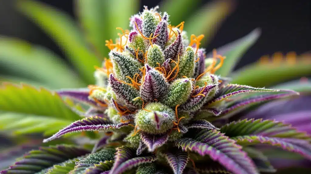 Close-up of a purple cannabis bud with trichomes and orange pistils against a blurred background.