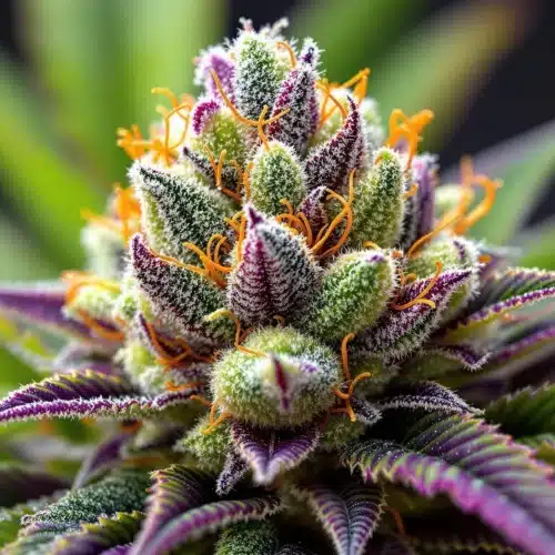 Close-up of a purple cannabis bud with trichomes and orange pistils against a blurred background.