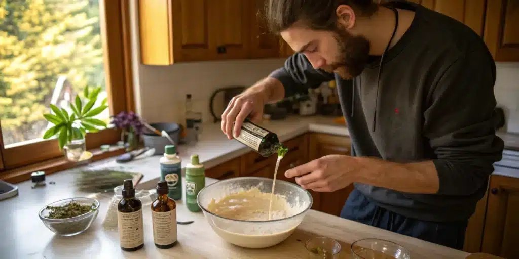 Man pouring liquid from a bottle into a bowl of batter, for cannabis extract cooking.

