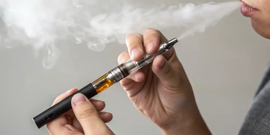Close-up of hands holding a vape pen as a person exhales a large cloud of vapor.

