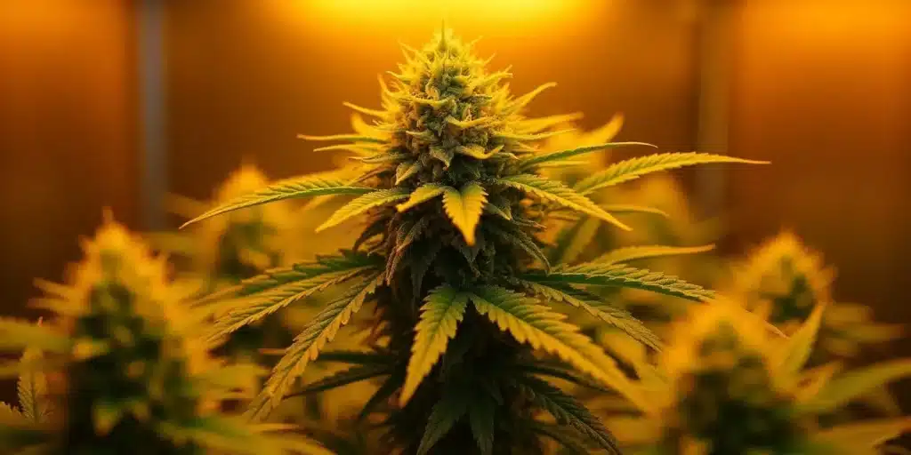 Close-up of a healthy autoflower cannabis plant with dense buds, perfect for beginner growers seeking fast harvests.