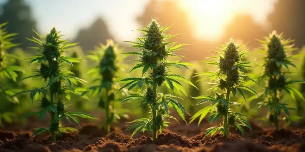 Cannabis plants thriving outdoors in soil, grown from beginner-friendly autoflower seeds under natural sunlight.