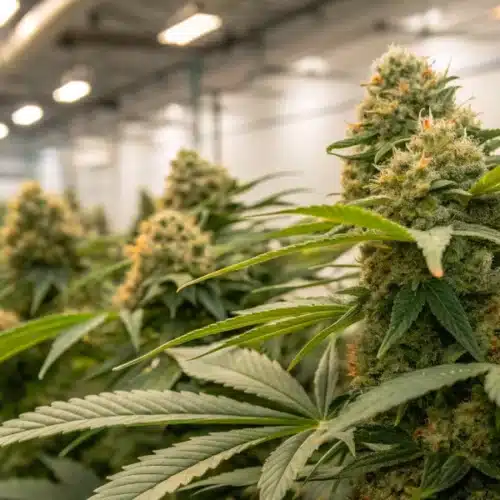 A high-resolution close-up of White Rhino weed buds, showcasing their dense, resinous trichomes and vibrant colors in a controlled indoor grow setup.