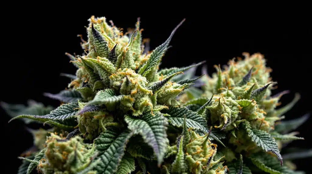 Close-up of a frosty cannabis bud with orange pistils and purple-tinged leaves against a black background
