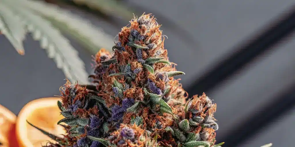  Close-up of a vibrant Runtz cannabis bud with orange hairs and purple trichomes under sunlight.
