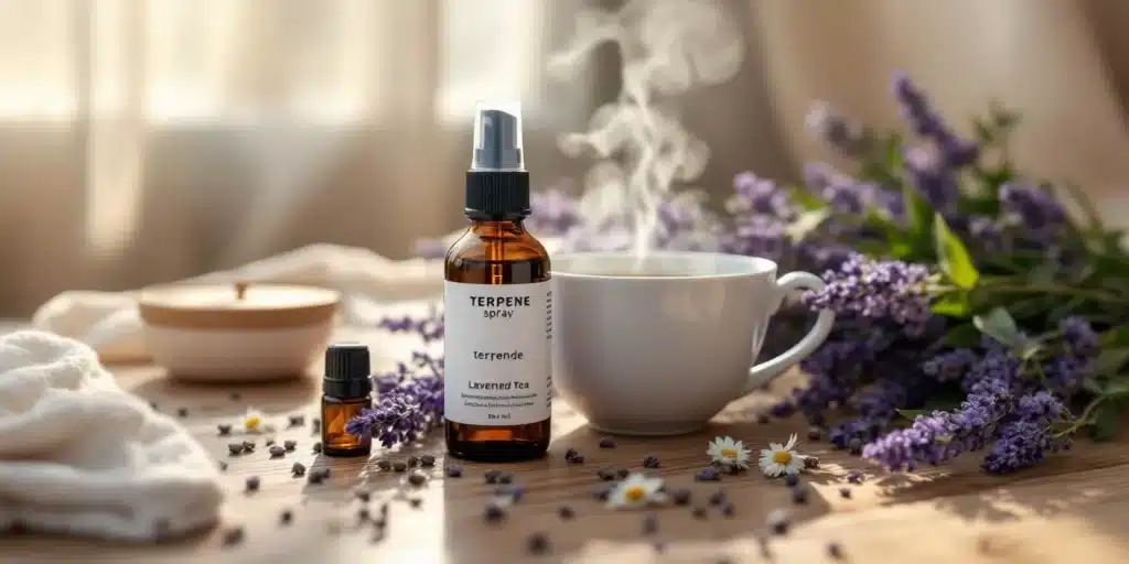 Terpene spray bottle with lavender tea and flowers, a natural remedy for nausea relief.