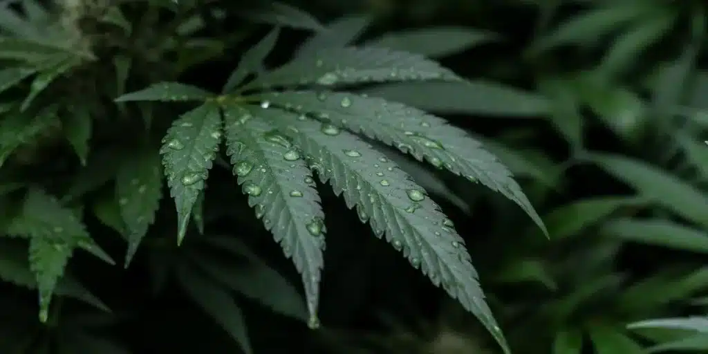 Lush cannabis garden with a prominent cannabis flower in the foreground