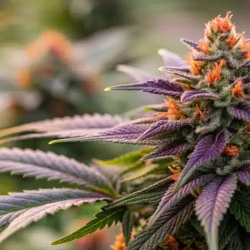 A vibrant close-up of Gorilla Punch Autoflower buds showcasing dense trichomes, deep green and purple hues, and fiery orange pistils in stunning detail.