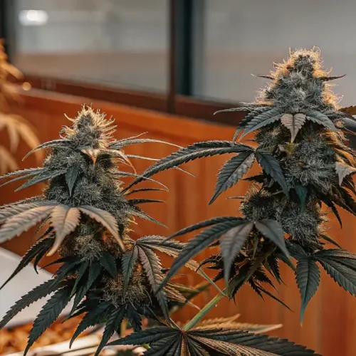 Hyper-realistic image of mature indica cannabis plants with dark green leaves and dense buds under warm grow lights.