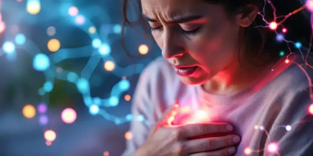 Woman holding her chest with discomfort, highlighting the need for effective cannabis strains for nausea relief.
