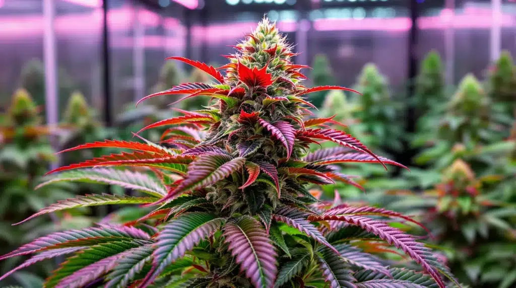 Healthy cannabis plant with colorful red and green foliage under bright grow lights in an indoor facility.