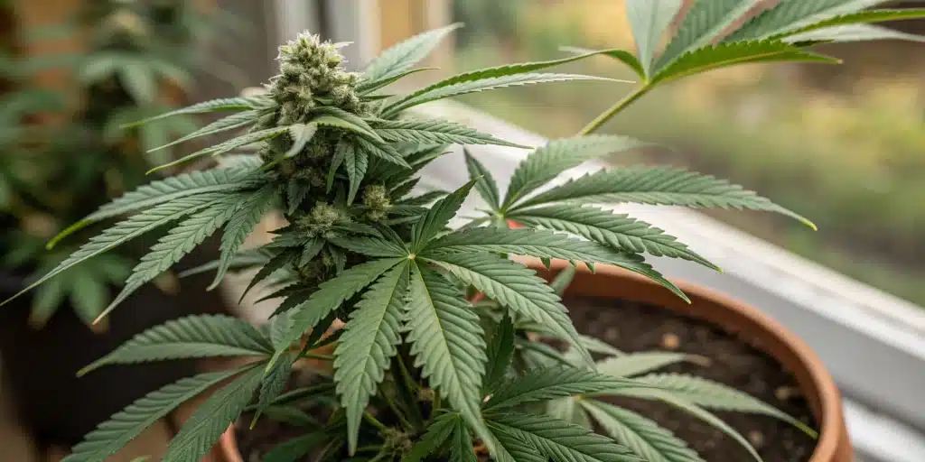 Cannabis plant with dense flowering buds growing outdoors in natural light.
