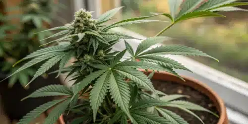 Cannabis plant with dense flowering buds growing outdoors in natural light.