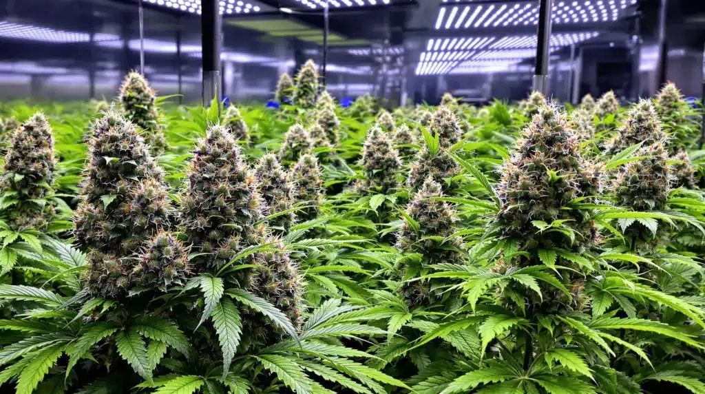 Indoor cannabis cultivation with lush green plants and dense buds under LED lights.