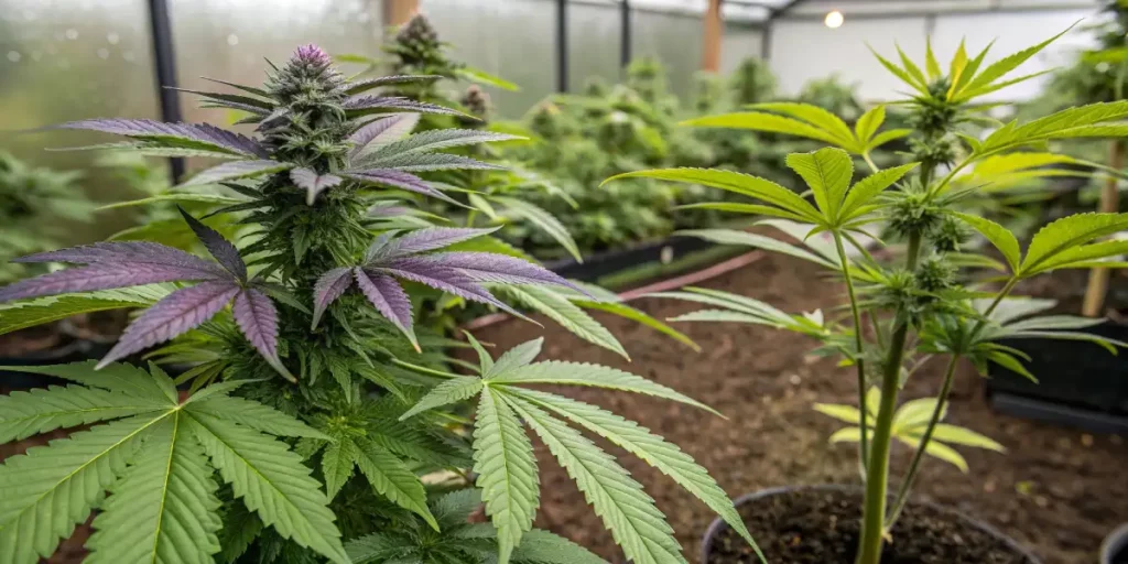 Vibrant cannabis plants with purple and green leaves growing in a greenhouse setup.