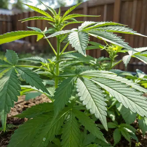 A young cannabis plant growing in a backyard garden, surrounded by rich soil and enclosed by a wooden fence.