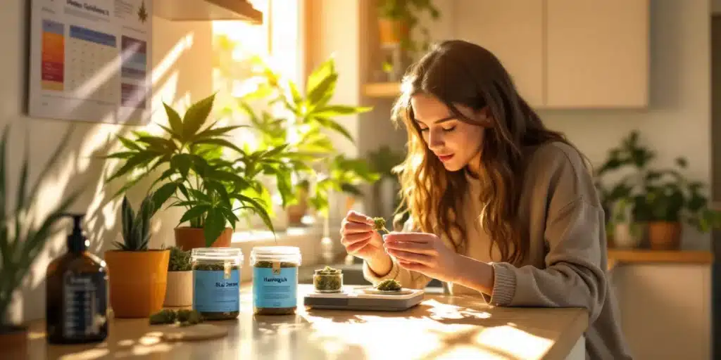 Woman examining cannabis buds at home surrounded by plants, showcasing how mood weed can enhance relaxation and well-being