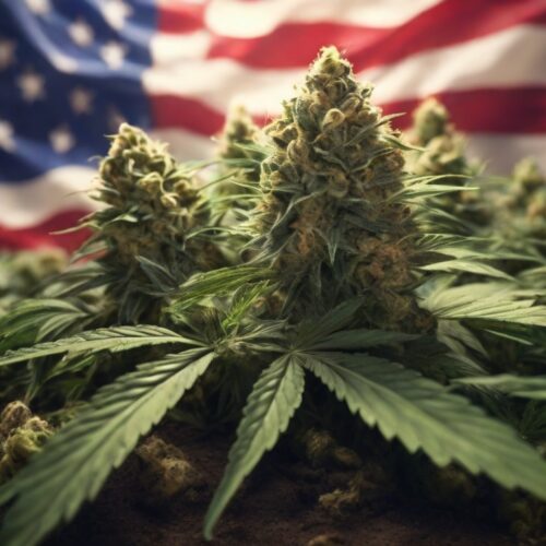 Lush cannabis plants growing with the American flag in the background