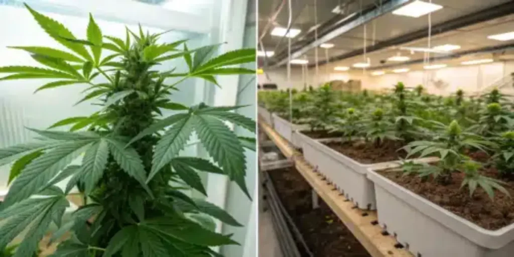 Indoor cannabis plant growing in soil during vegetative stage under artificial lights, with healthy green leaves.

