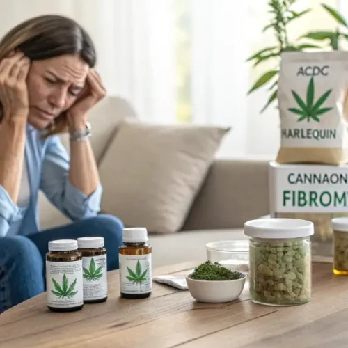 Woman with fibromyalgia looking at cannabis-based products and supplements designed to help manage chronic pain.