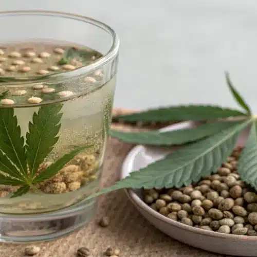 Cannabis seeds soaking in a glass of water at optimal temperature for germination.