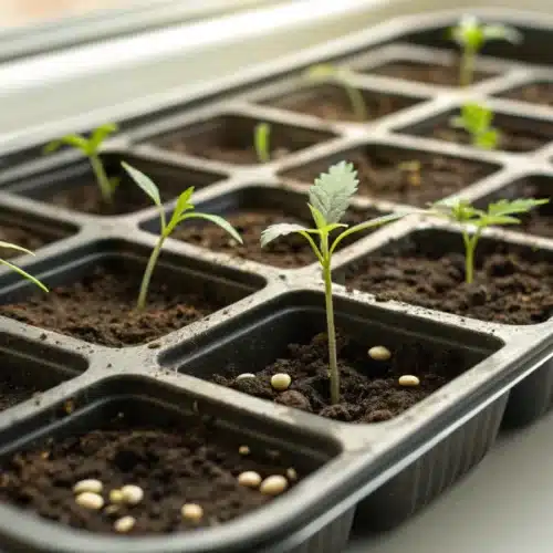Individual cannabis seeds germinating in a seed tray with moist soil compartments.