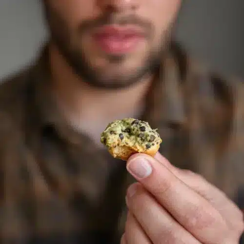 Individual holding a cannabis-infused brownie, illustrating the importance of cautious consumption to avoid THC overconsumption.
