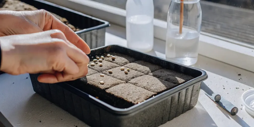 Cannabis seeds sown on moist soil cubes ready for germination under natural light


