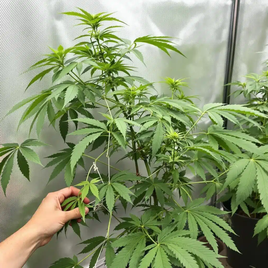 Close-up of a short cannabis plant with LST applied, showing branches bent and secured to control height.