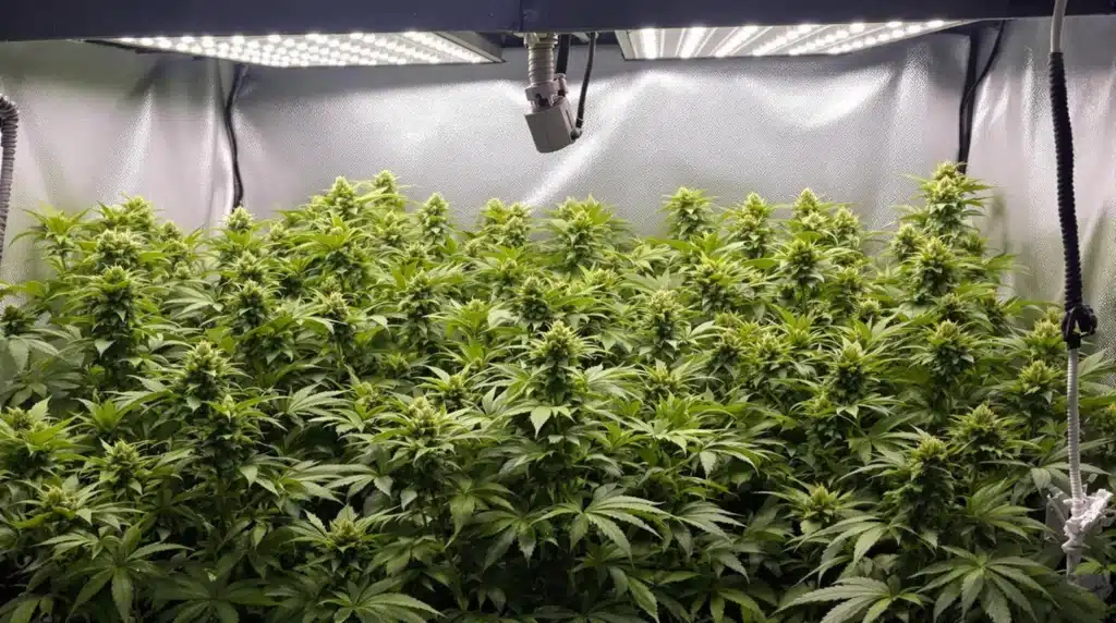 Indoor grow tent with compact cannabis plants under LED lights, demonstrating methods for growing a short cannabis plant.