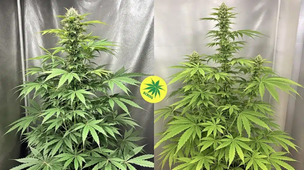 Side-by-side view of a tall cannabis plant next to a shorter one trained with SCROG, highlighting ways to grow a short cannabis plant.