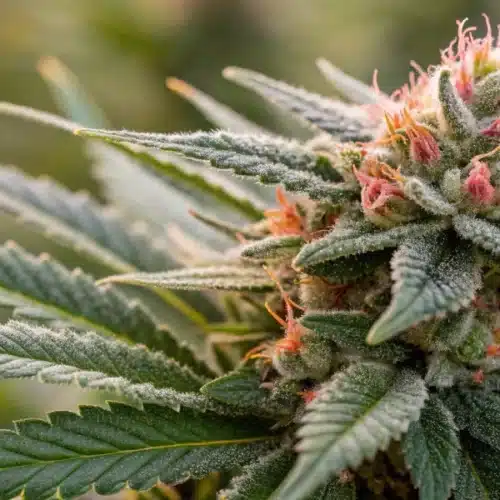 Close-up of a vibrant Gush Mints S1 cannabis bud with orange pistils and trichomes.