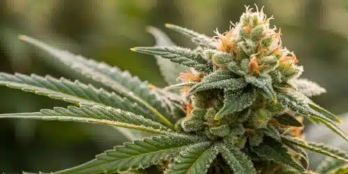 Macro shot of a mature Gush Mintz x Honey Drop bud showcasing thick resin and vivid hues.