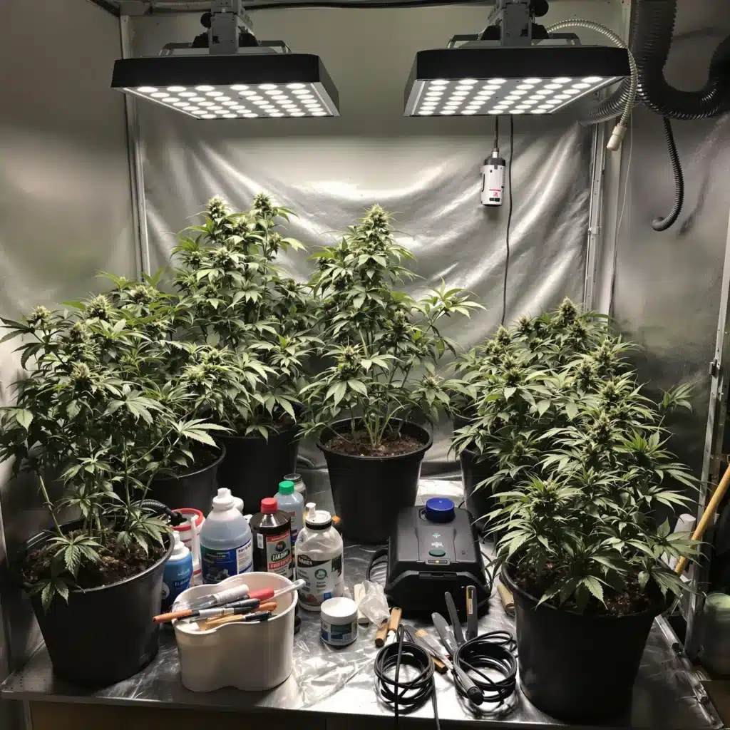 Indoor cannabis grow setup with essential growing supplies.