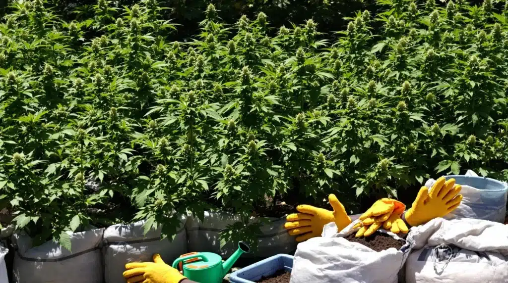 Outdoor cannabis garden with essential growing supplies and tools.
