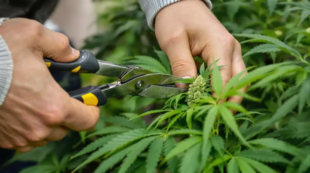 Hands trimming cannabis plants with precision gardening tools.