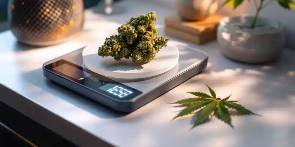Cannabis buds being weighed on a digital scale with precise measurement display for accurate cannabis weighing.