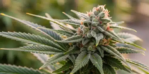 A close-up of a God Bud Regular flower showcasing its dense, frosty trichomes and rich, vibrant colors.