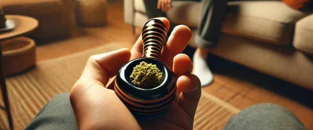A person holding a striped weed bowl packed with cannabis.