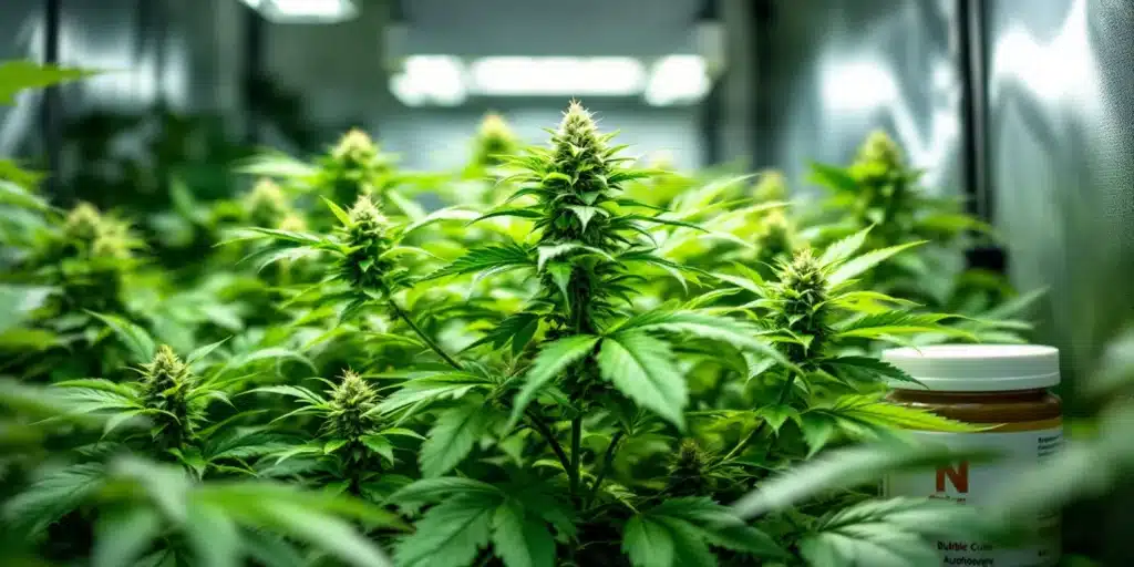 Bubble Gum Autoflower cannabis plants flourishing indoors under grow lights with visible