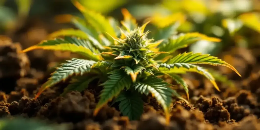Biblical weed strain history with a vibrant cannabis plant on an ancient book surrounded by ruins and stone carvings.